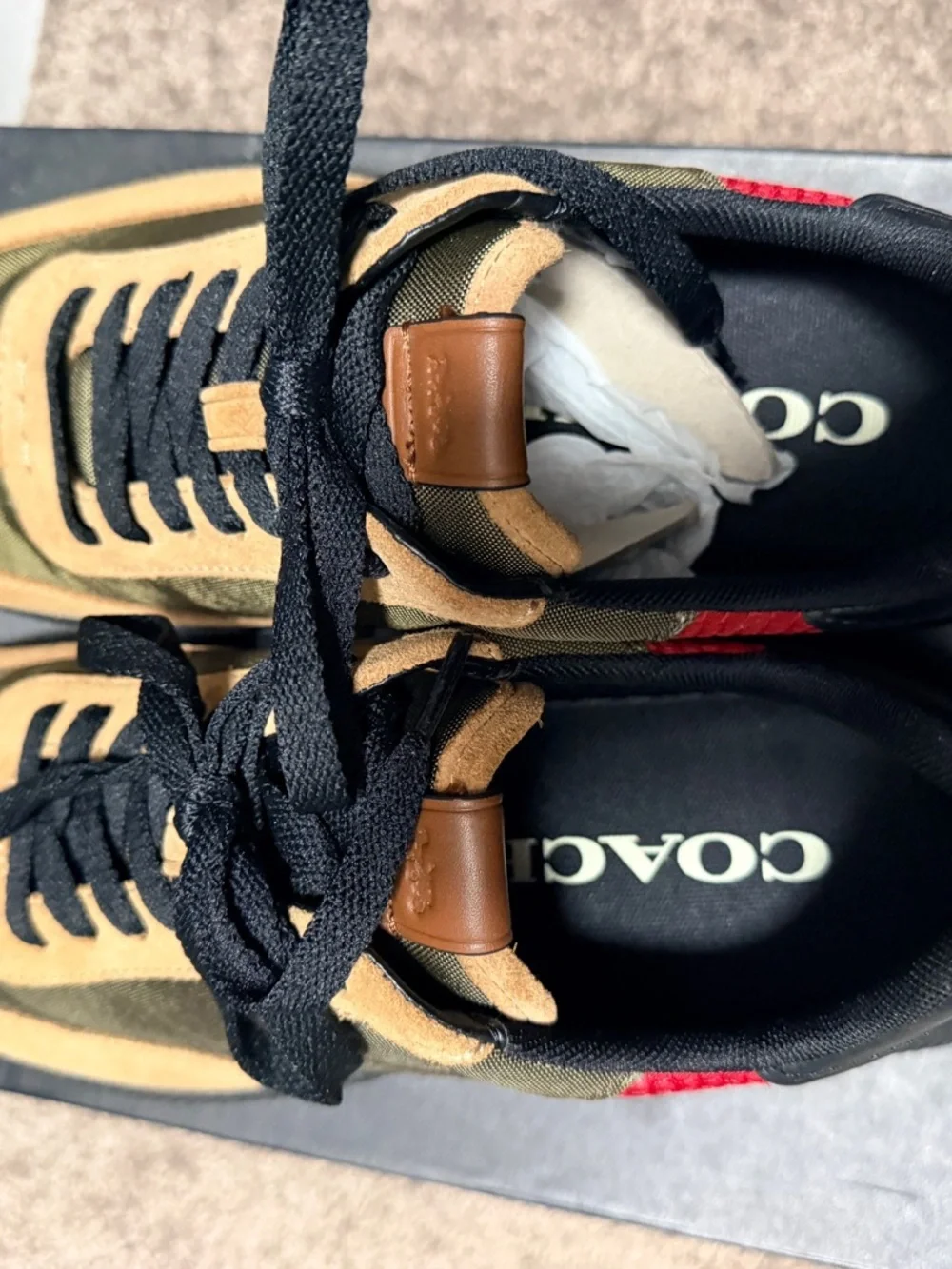 Coach Brown Suede and Black Leather Sneakers with Red Logo Accent - Picture 2 of 6